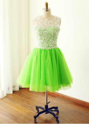 Ivory Lace Apple Green Tulle Knee Length Bridesmaid Dress